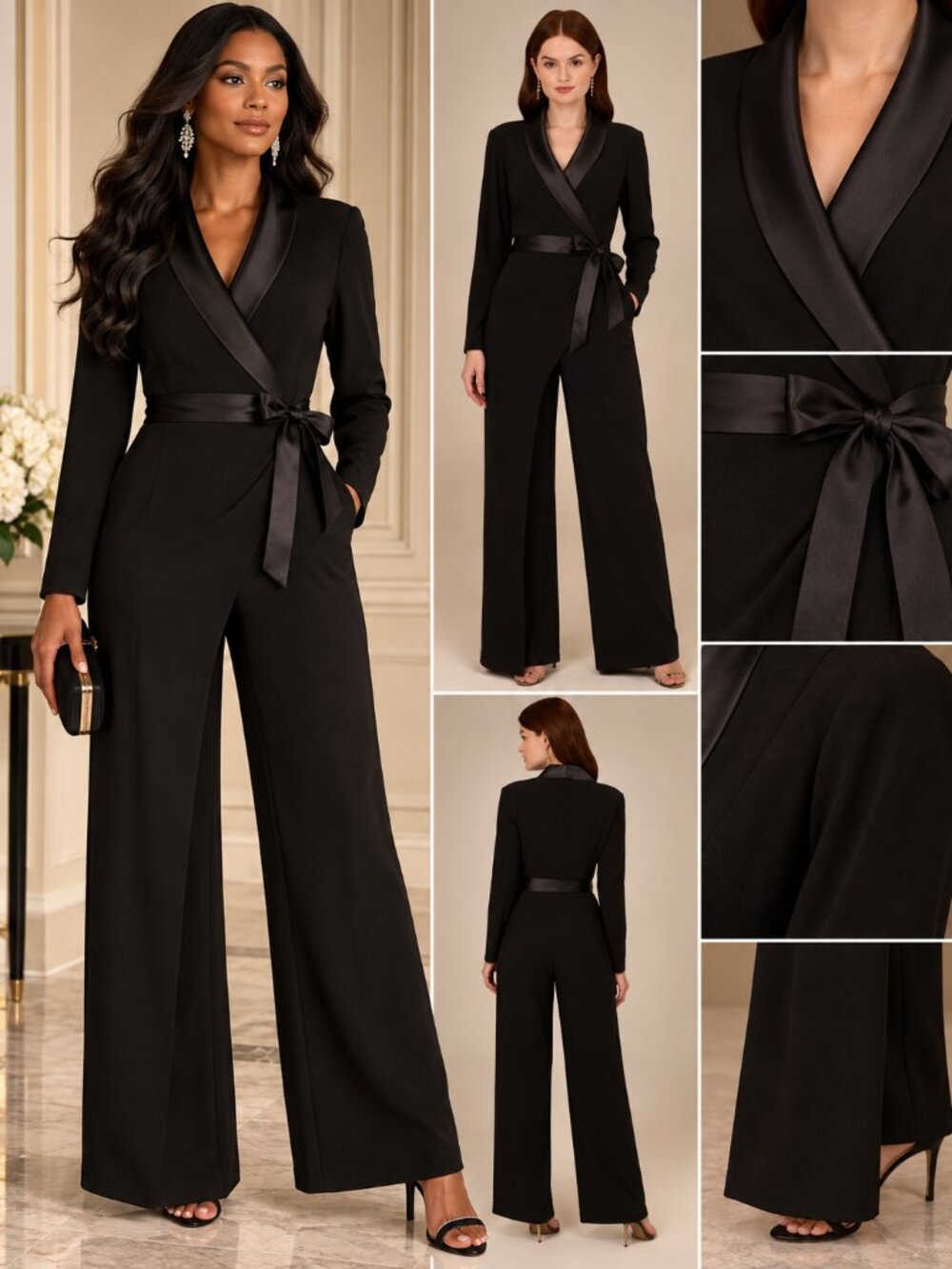 Adrianna Papell Black Satin Tuxedo Wide Leg Belted Jumpsuit Size 12 NWT
